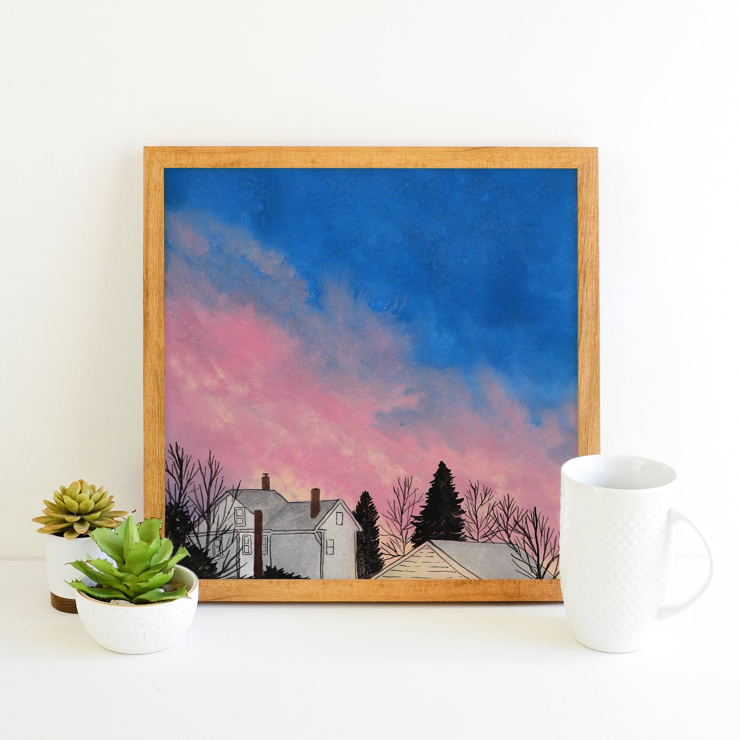 Bright Pink and Blue Sunset - Watercolor Art Print