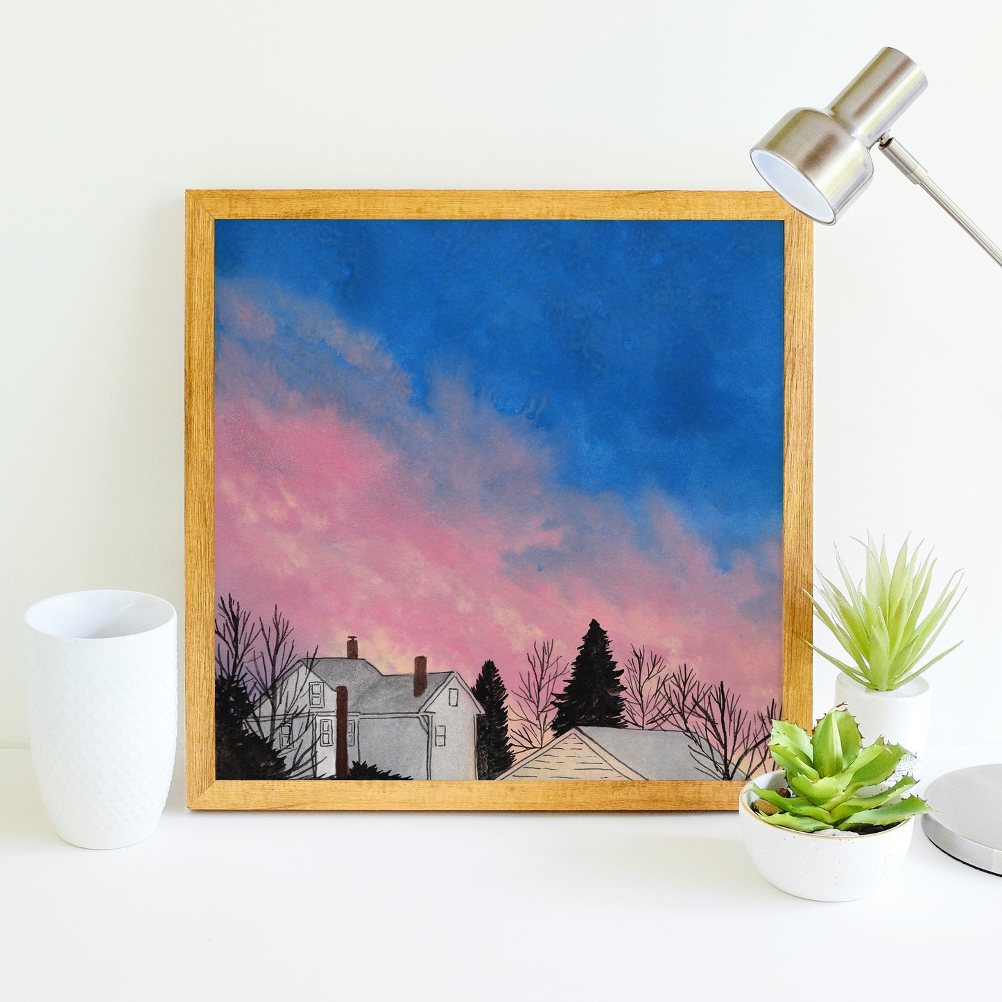 Bright Pink and Blue Sunset - Watercolor Art Print