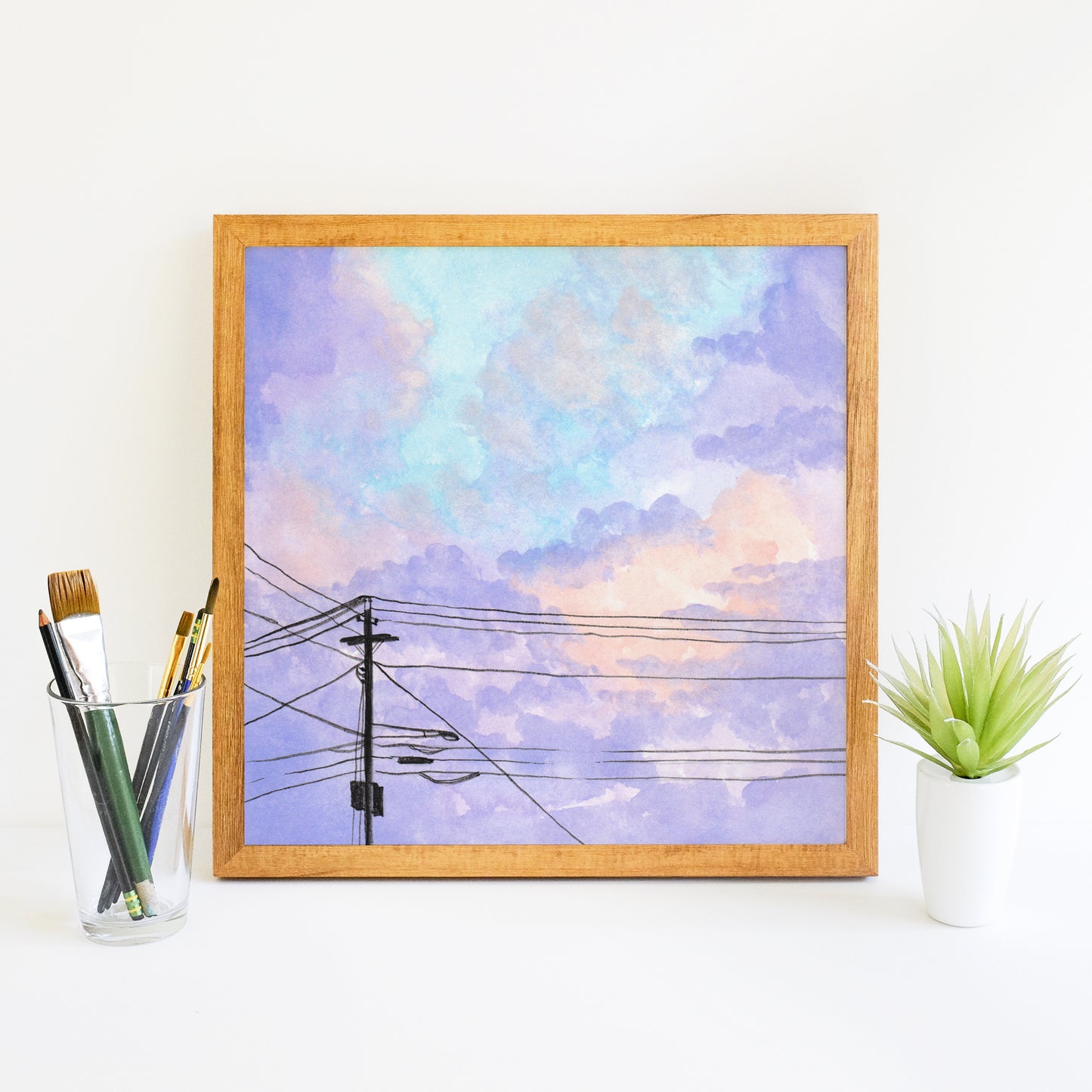 Purple Clouds and Powerlines - Watercolor Art Print