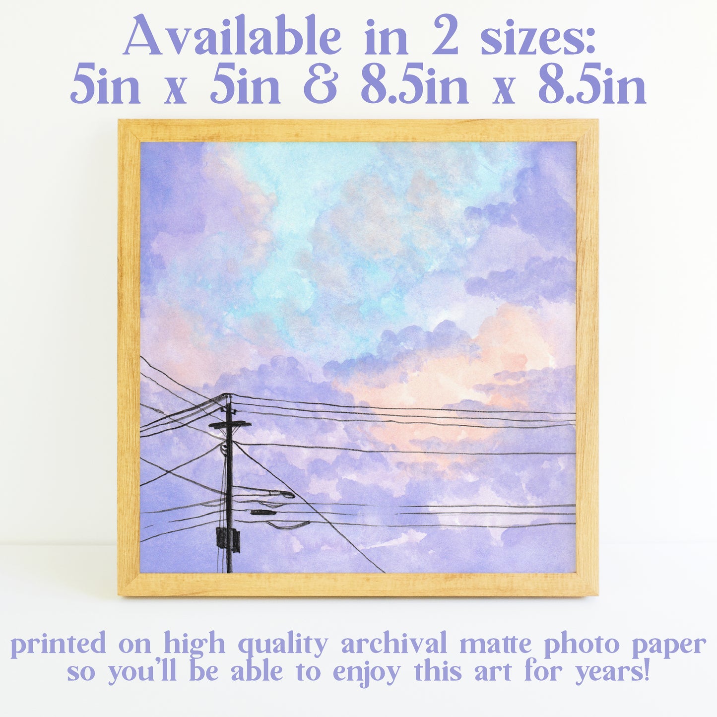 Purple Clouds and Powerlines - Watercolor Art Print