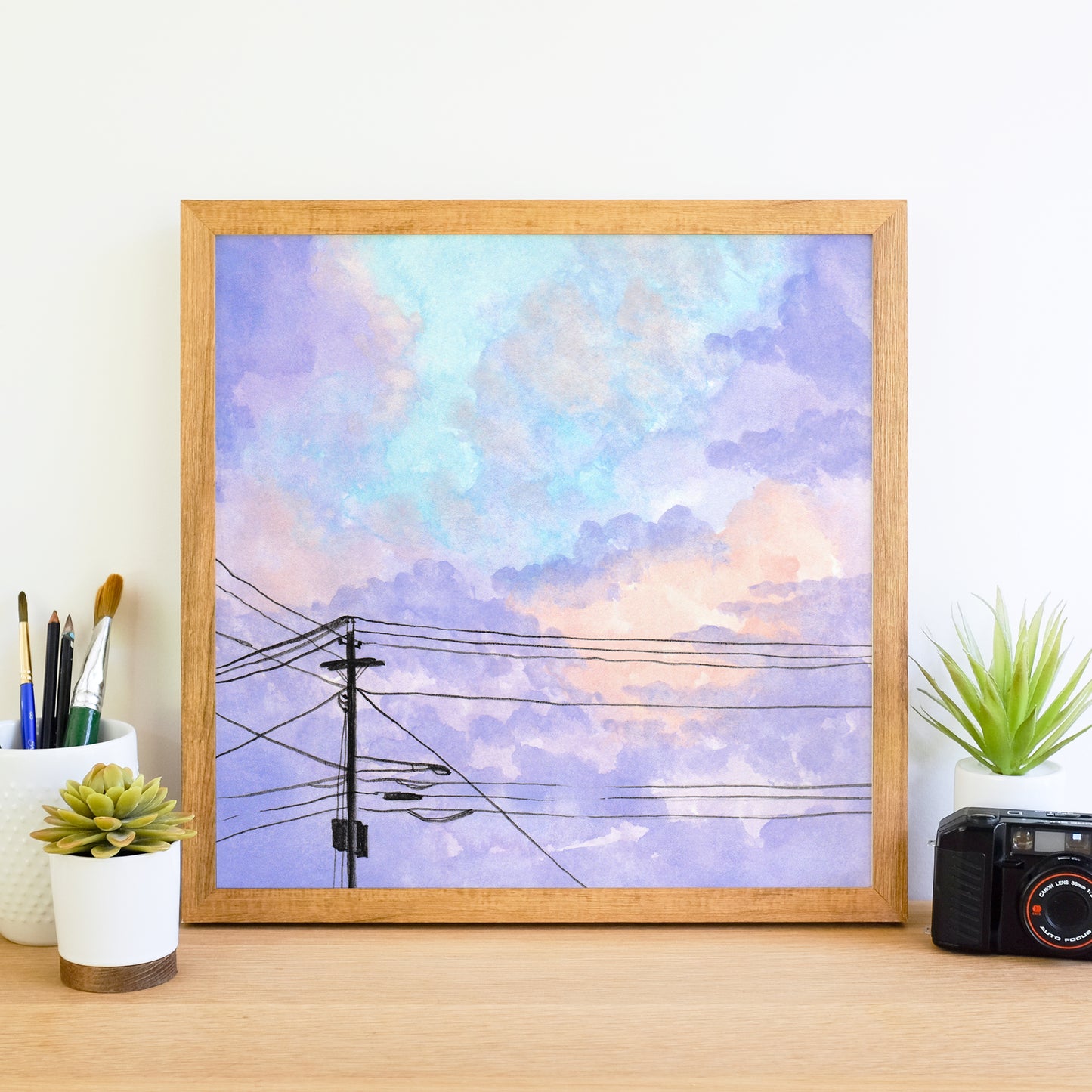 Purple Clouds and Powerlines - Watercolor Art Print