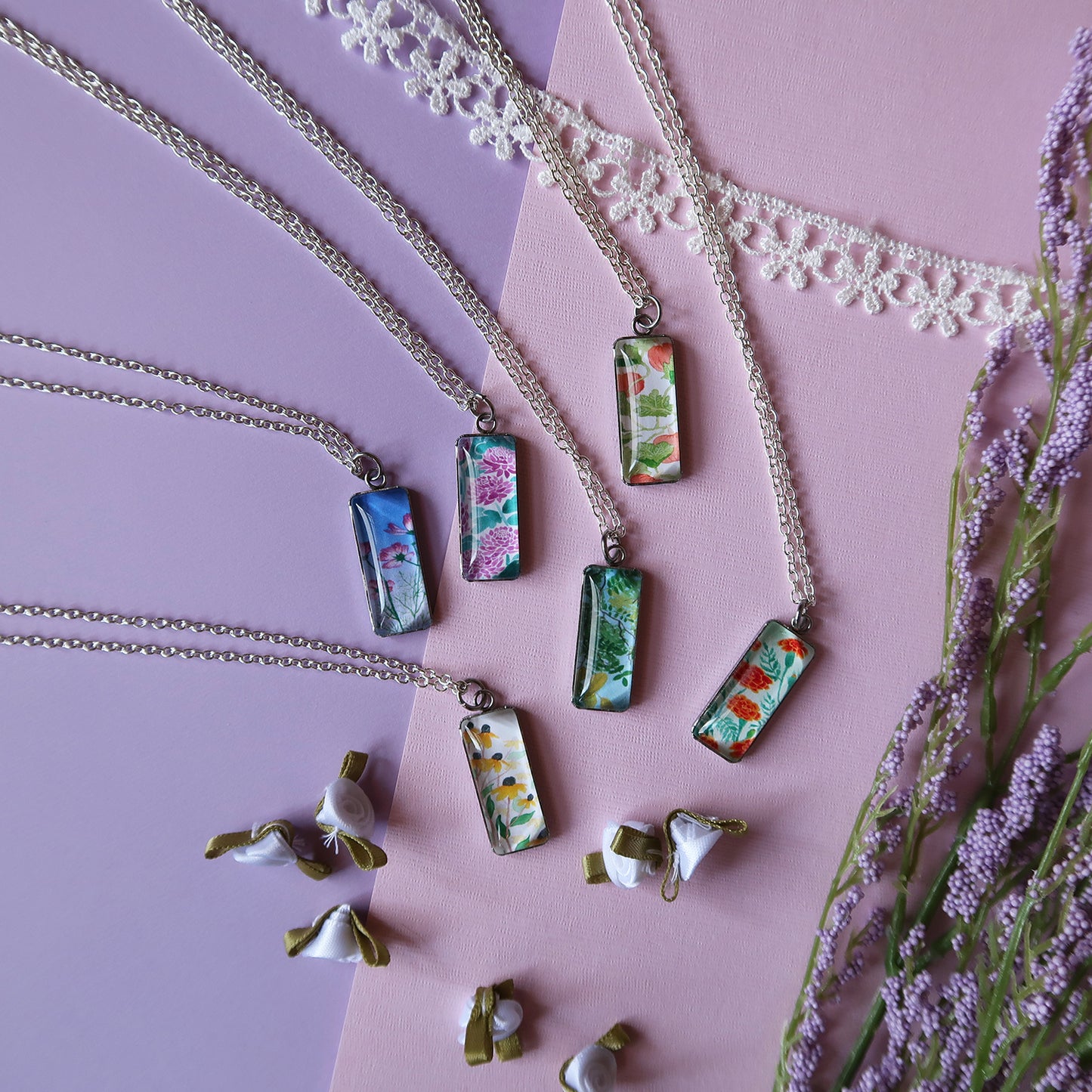 Tiny Pink Cosmos Miniature Watercolor Flower Necklace