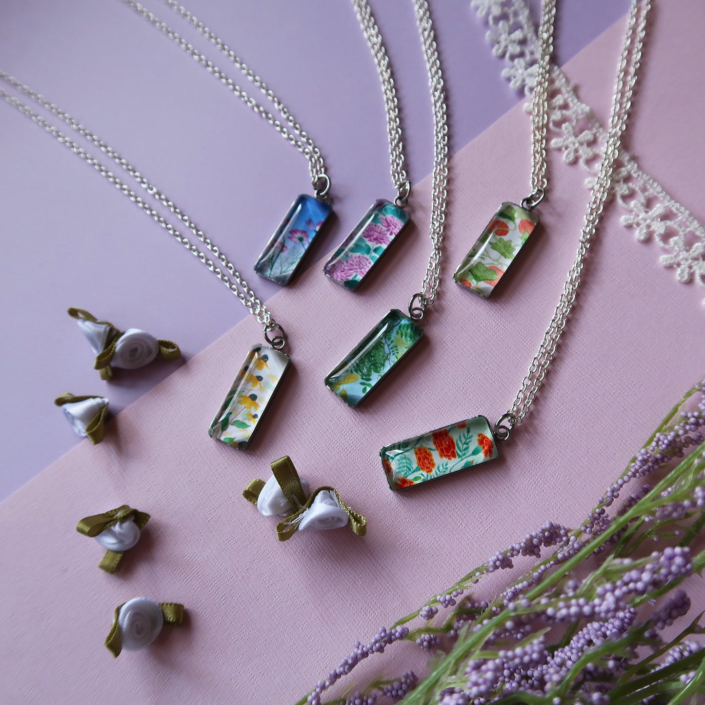Purple Chrysanthemums Miniature Watercolor Flower Necklace