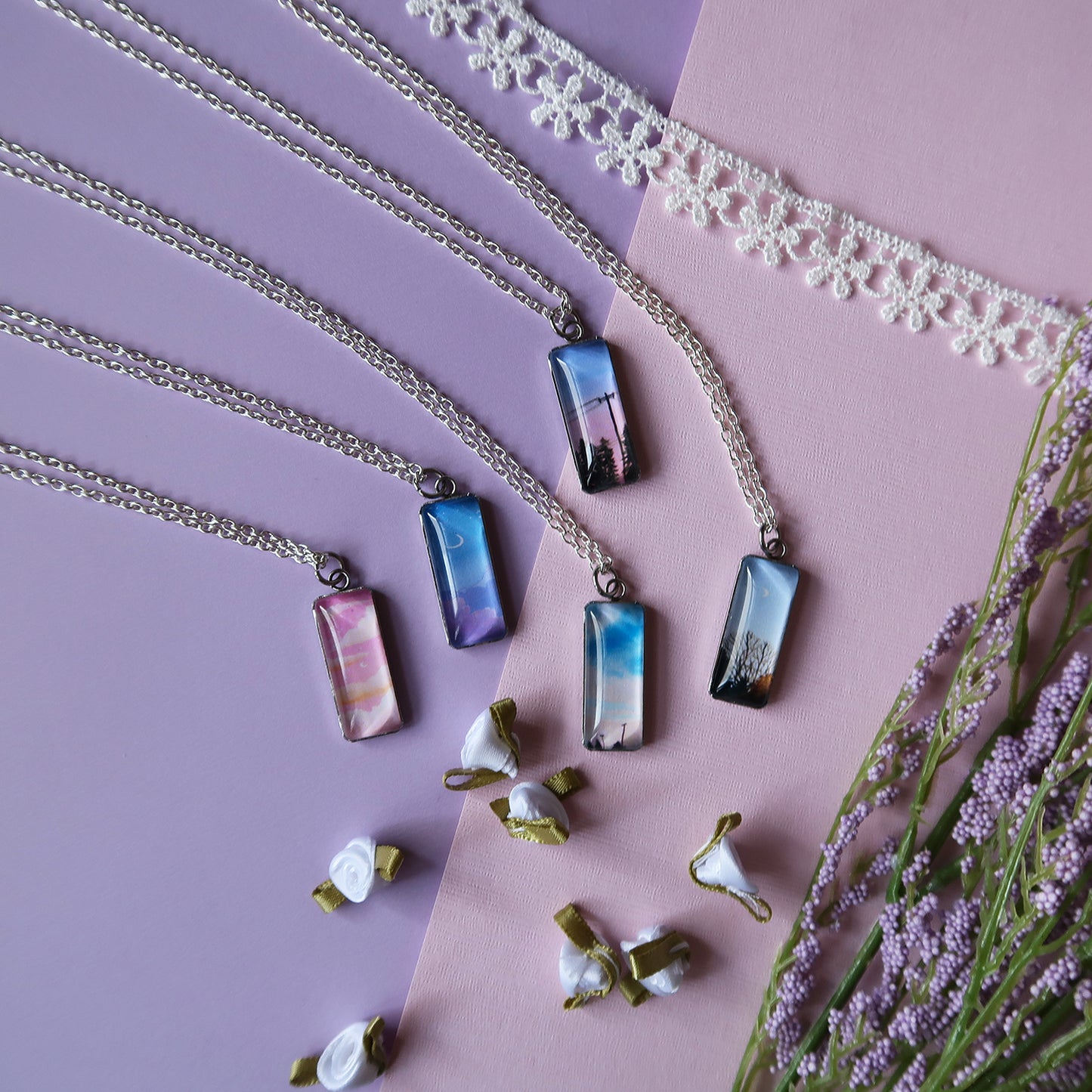 Purple and Pink Sunset Sky Miniature Watercolor Necklace