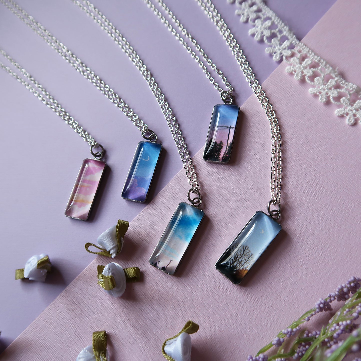 Autumn Trees in the Evening Miniature Watercolor Sky Necklace