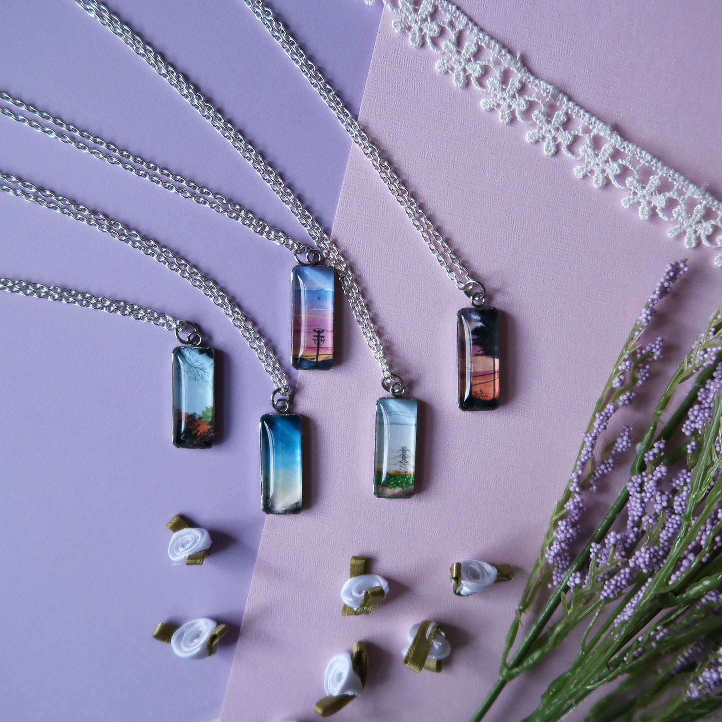 Orange Sunset Sky Miniature Watercolor Necklace