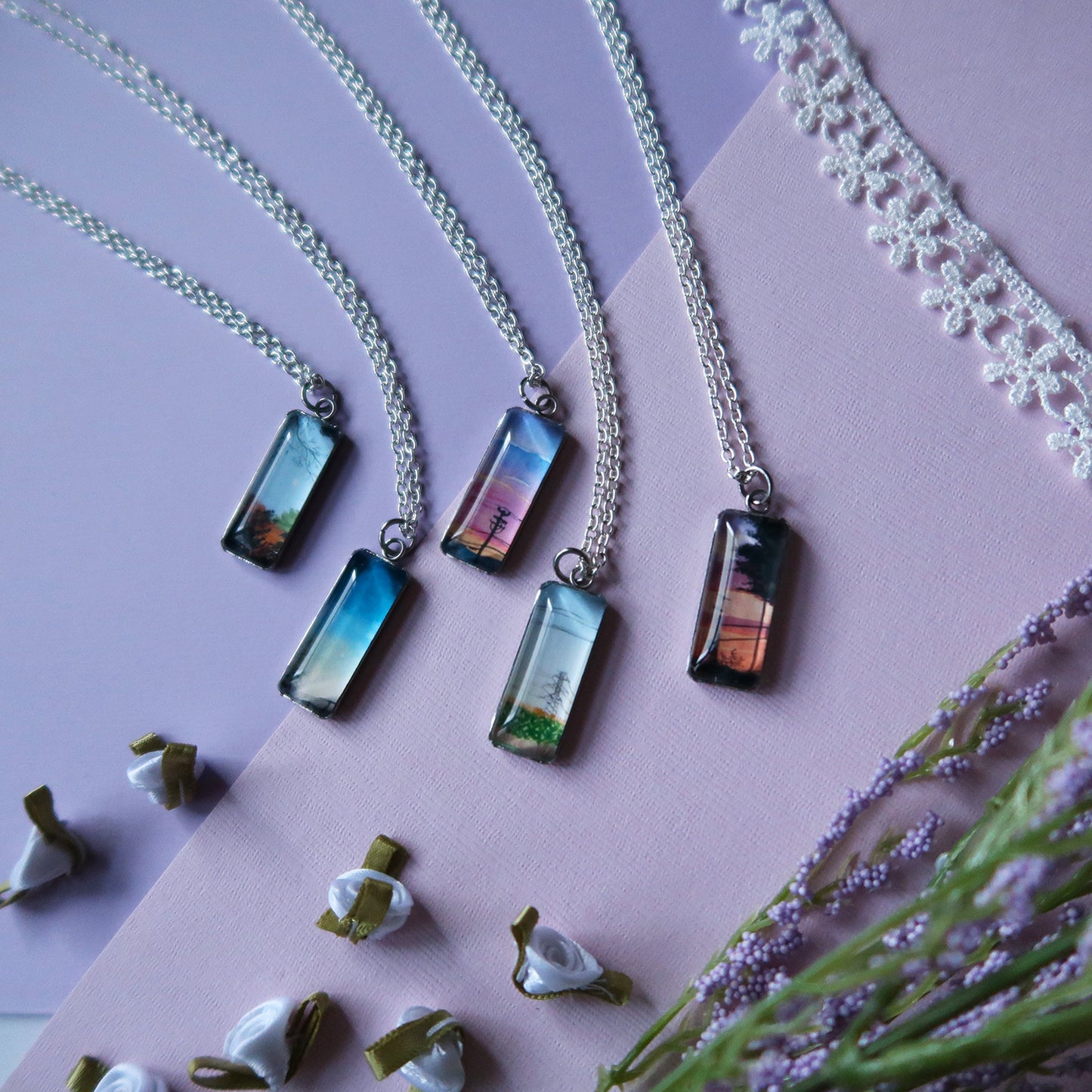 Blue to Orange Sunset Sky Miniature Watercolor Necklace