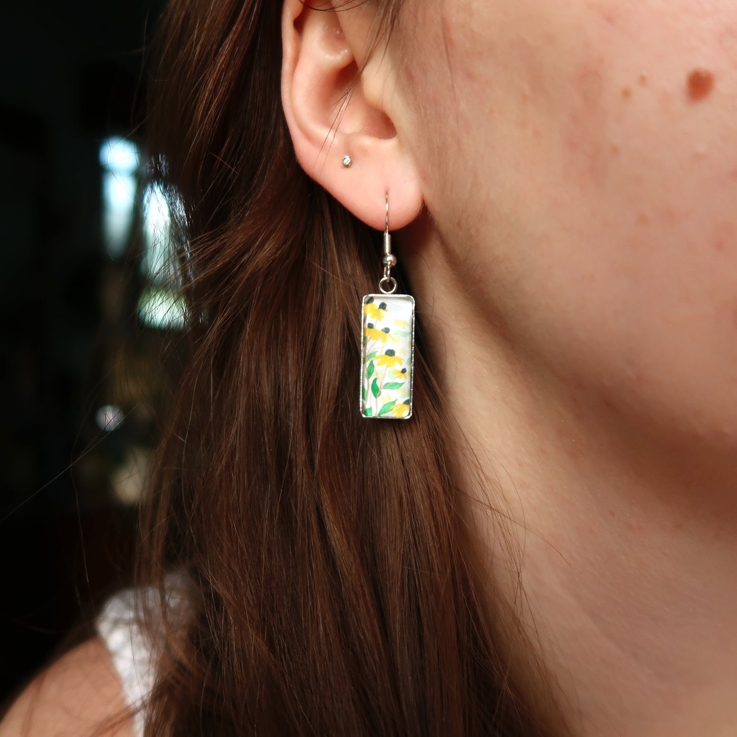 Yellow Daisies Rectangle Dangle Earrings