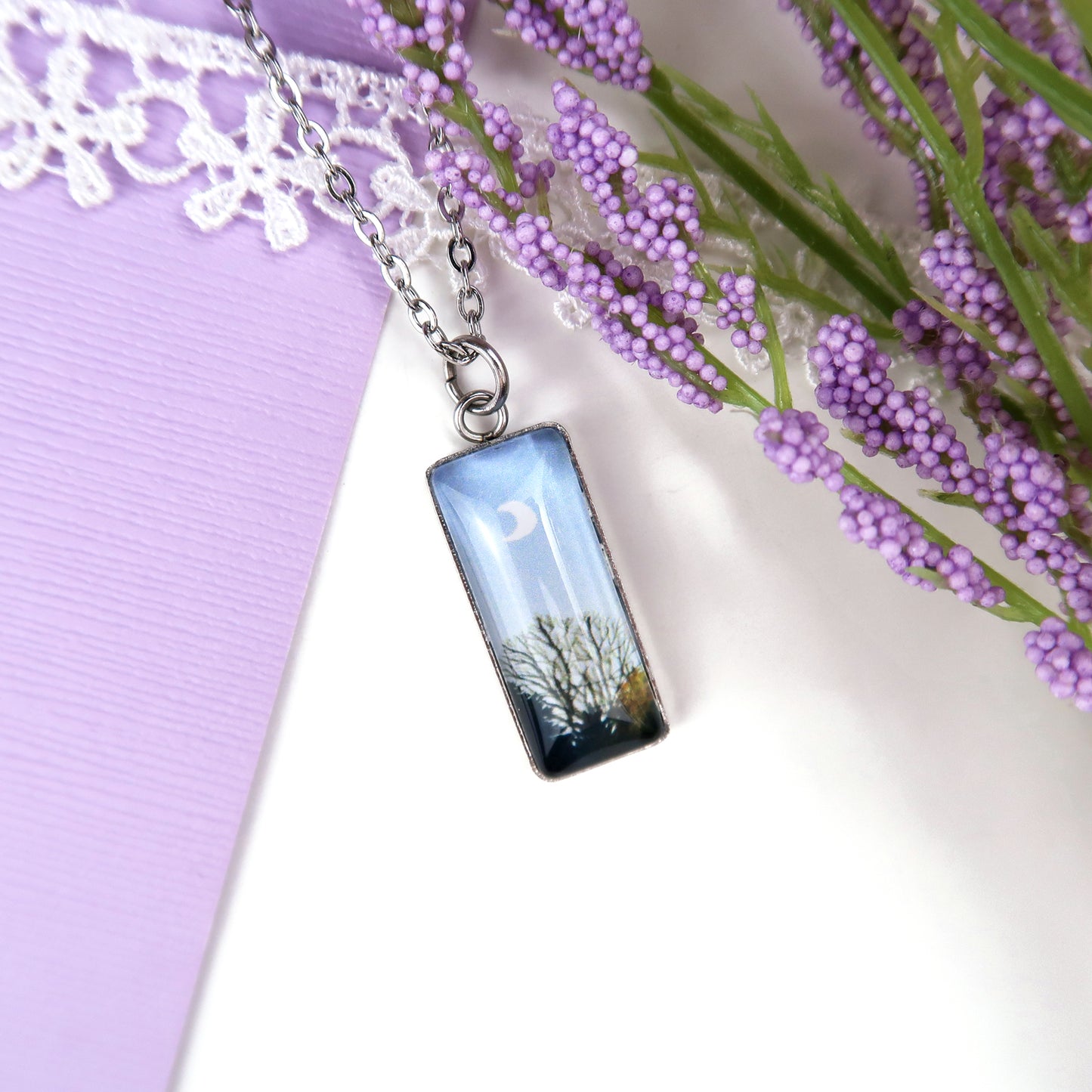 Autumn Trees in the Evening Miniature Watercolor Sky Necklace