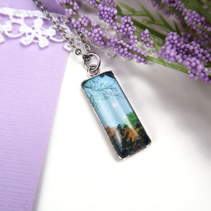 Clear Blue Fall Sky with Moon Miniature Watercolor Necklace