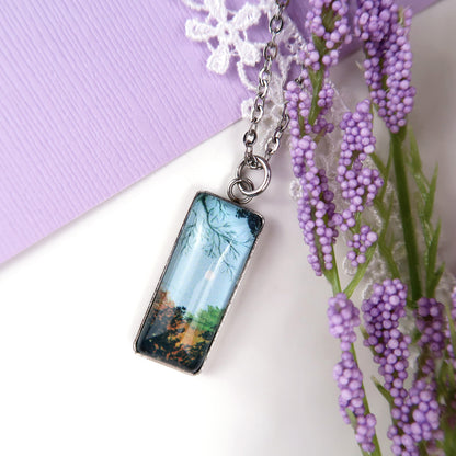 Clear Blue Fall Sky with Moon Miniature Watercolor Necklace