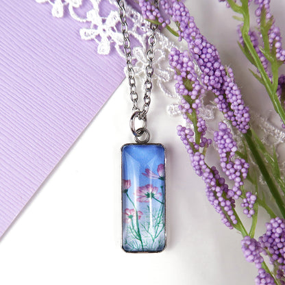 Tiny Pink Cosmos Miniature Watercolor Flower Necklace