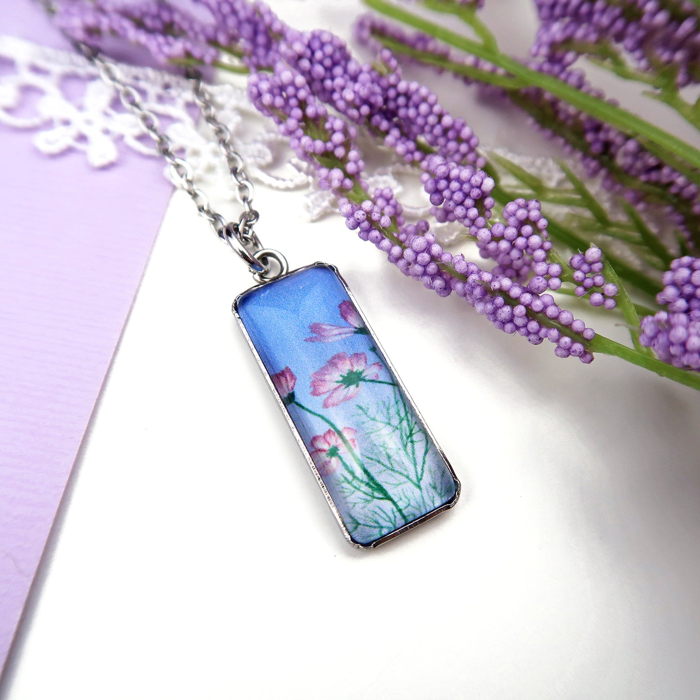 Tiny Pink Cosmos Miniature Watercolor Flower Necklace