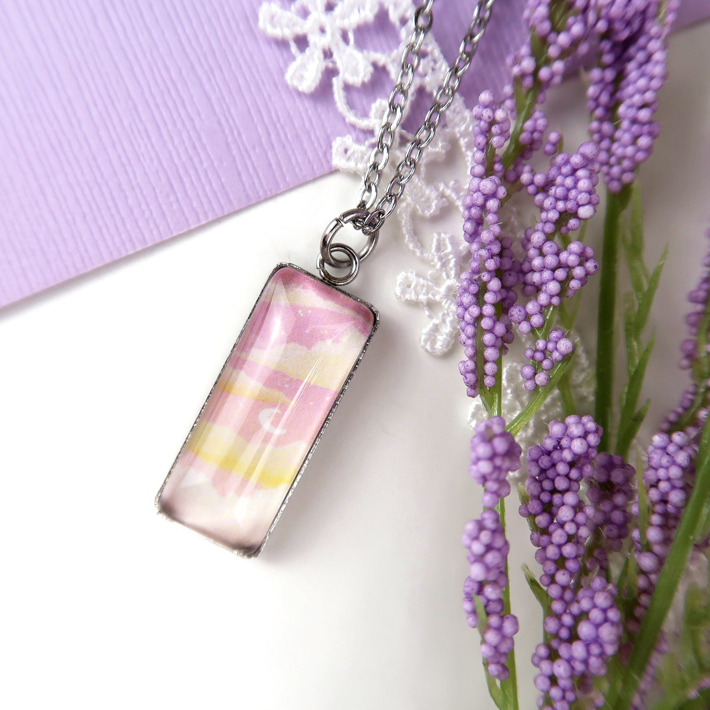 Dreamy Pink Sunset Miniature Watercolor Sky Necklace