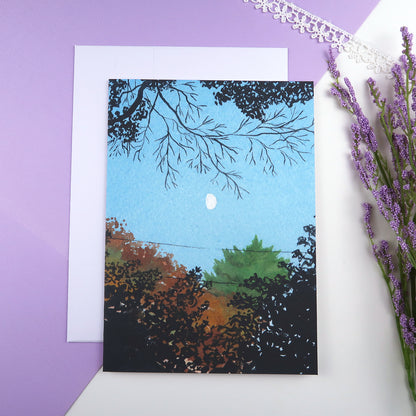 Fall Trees and Crescent Moon - Greeting Card