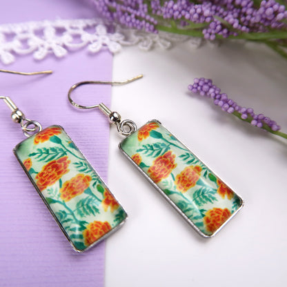 Marigolds Floral Rectangle Dangle Earrings