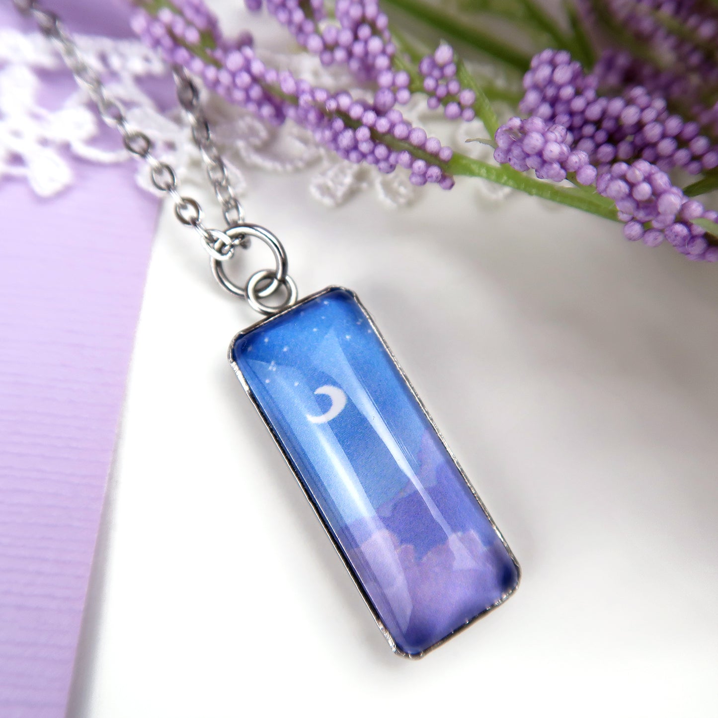 Night Sky With Purple Clouds Miniature Watercolor Necklace