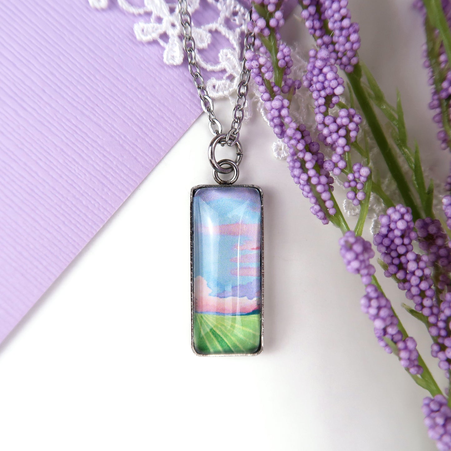 Pastel Cornfields Miniature Watercolor Sky Necklace