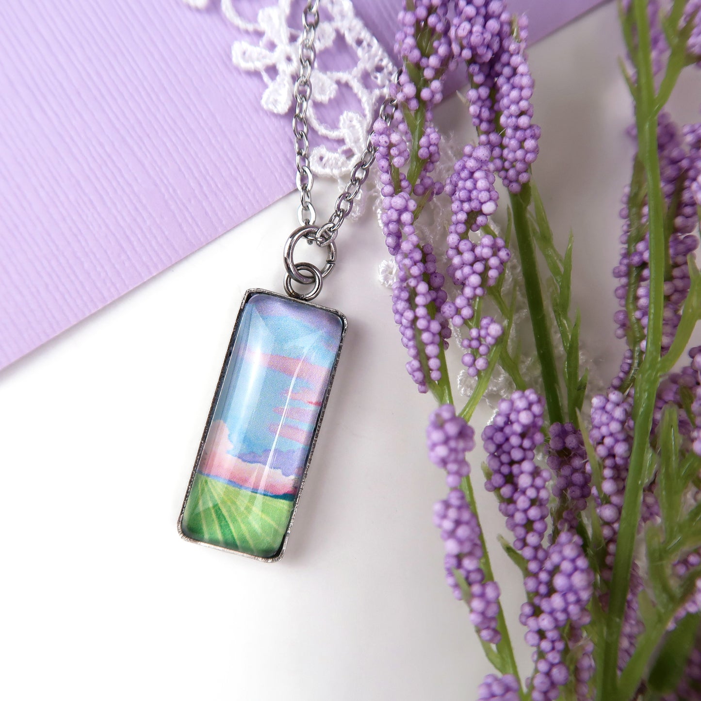 Pastel Cornfields Miniature Watercolor Sky Necklace