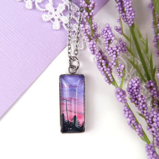 Purple and Pink Sunset Sky Miniature Watercolor Necklace