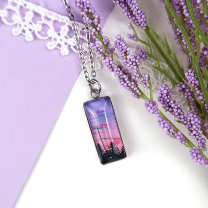 Purple and Pink Sunset Sky Miniature Watercolor Necklace