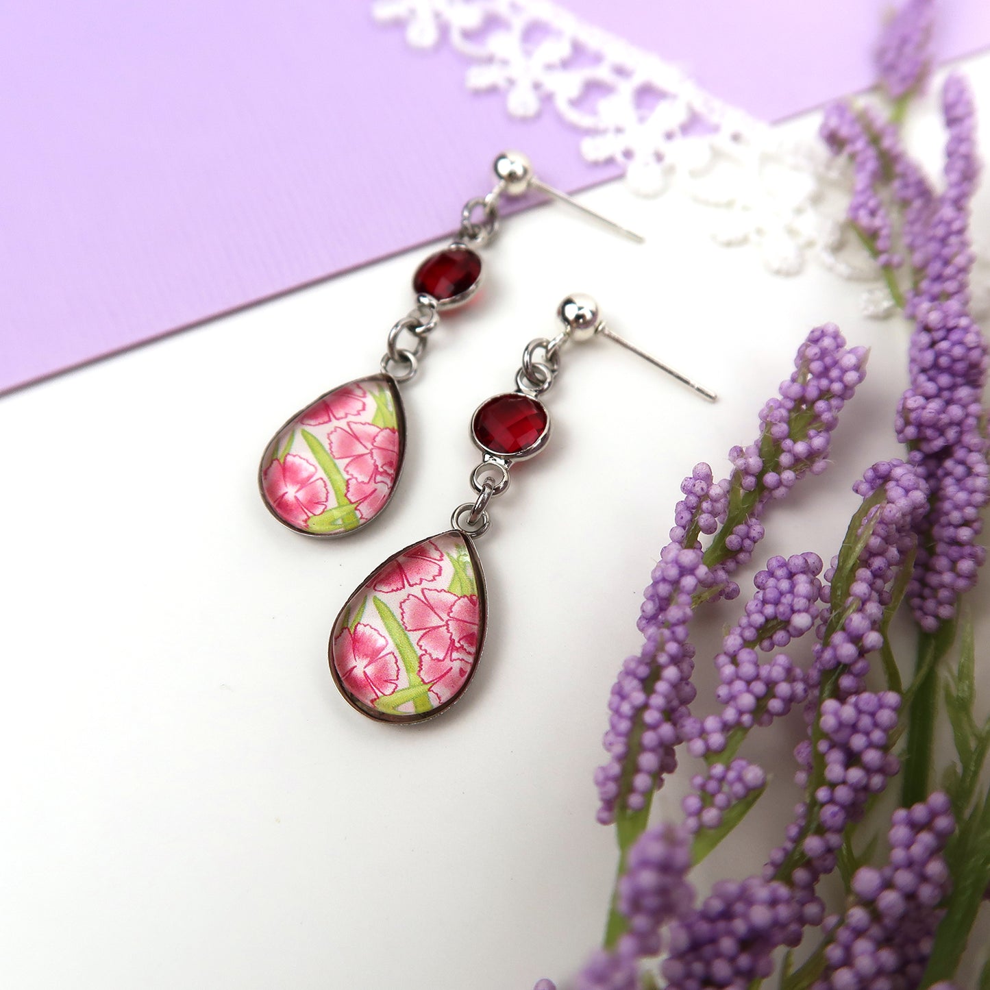 January Birth Flower Earrings - Carnations