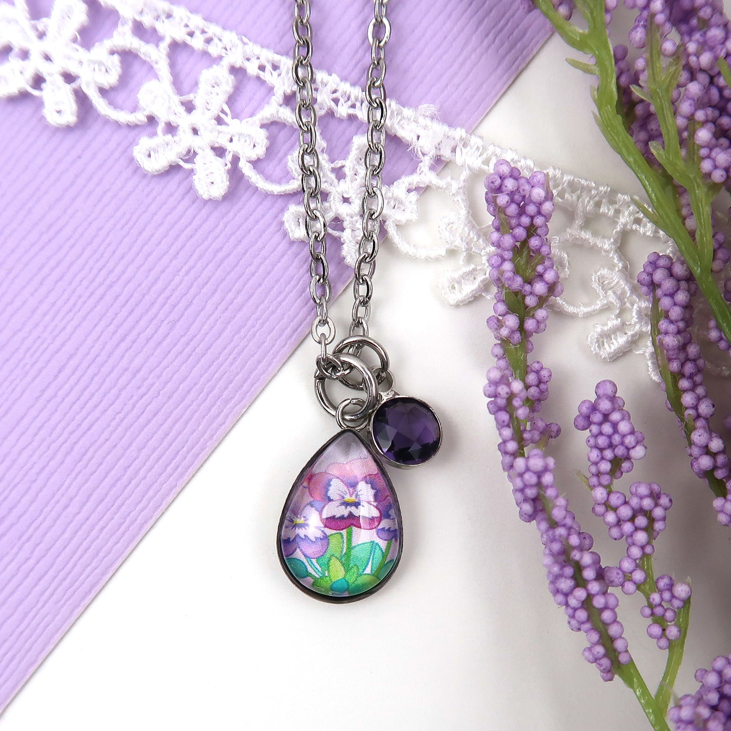 February Birth Flower Necklace - Violets