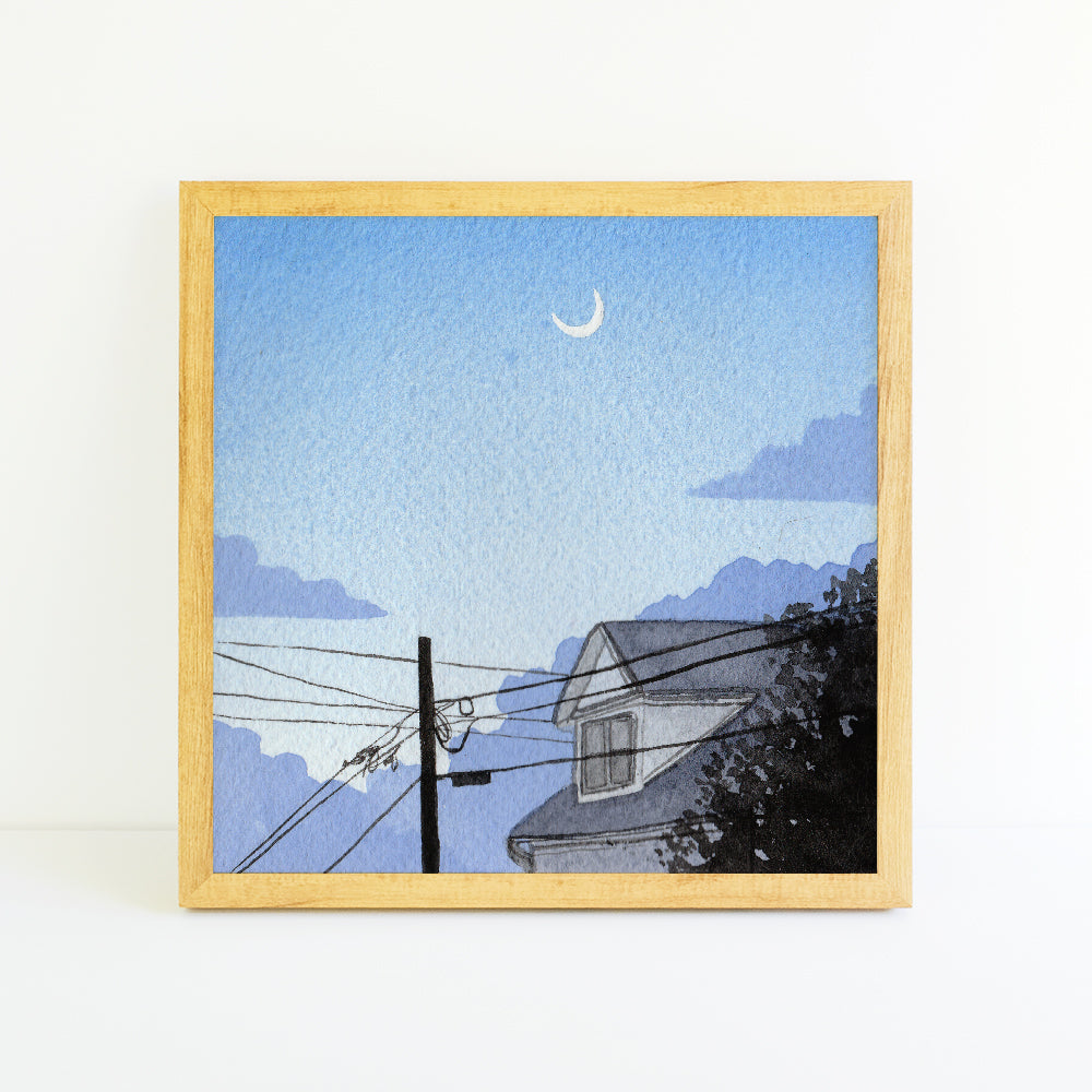 Blue Dusk Moon - Watercolor Sky Art Print