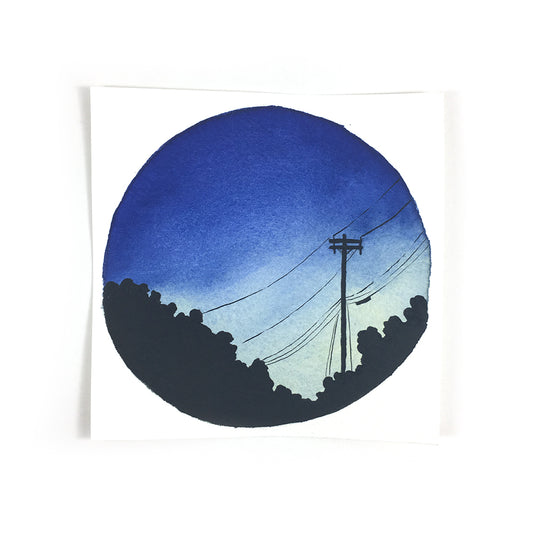 Blue Dusk with Powerlines - Original Watercolor Painting Inktober Day 21
