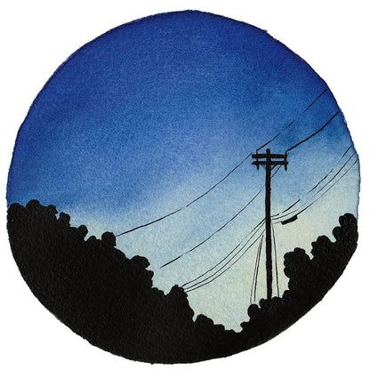 Blue Dusk with Powerlines - Original Watercolor Painting Inktober Day 21