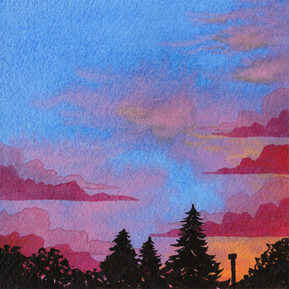 Blue Pink and Orange Sunset Sky - Original Watercolor Painting Inktober Day 3