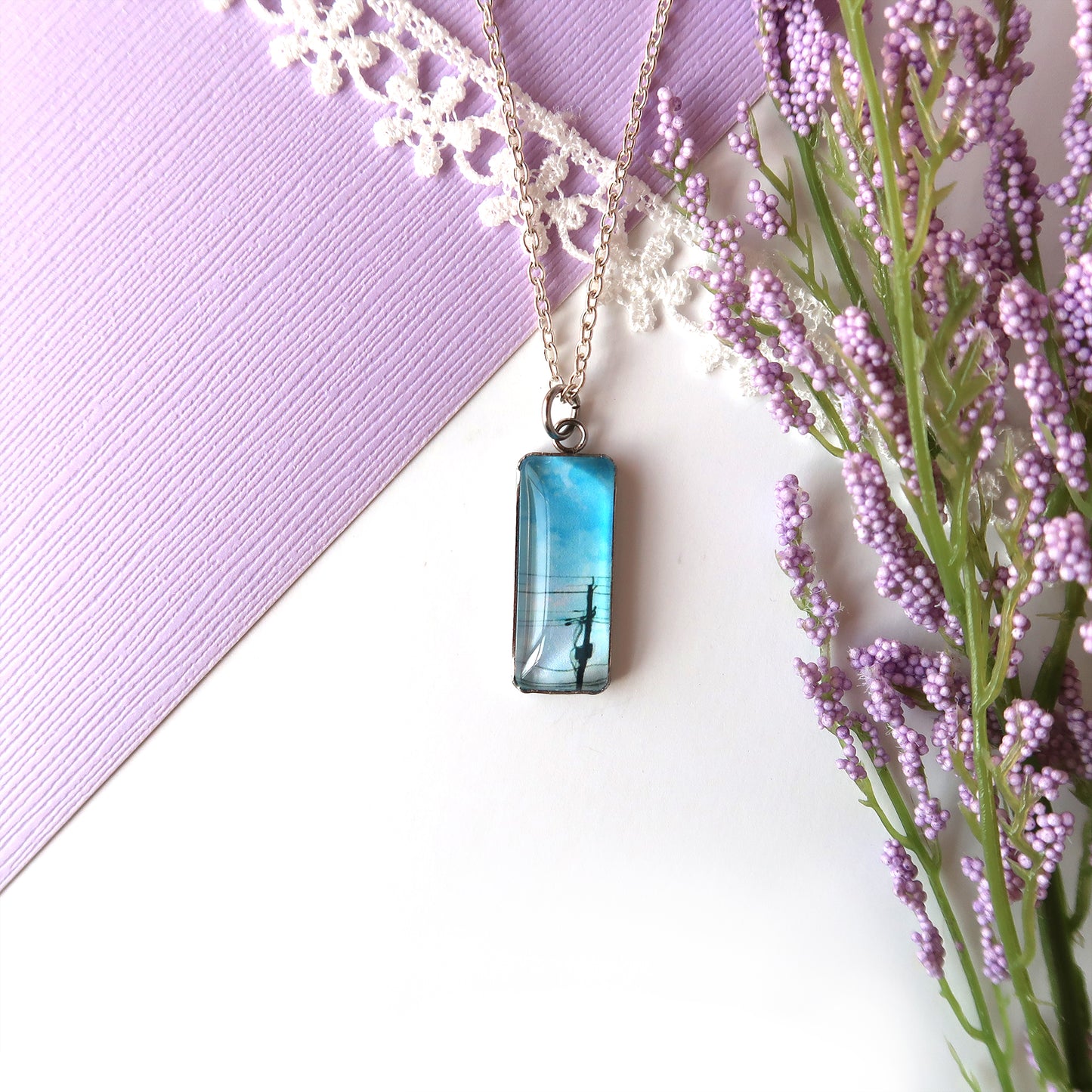 Blue Skies and Powerlines Miniature Watercolor Necklace