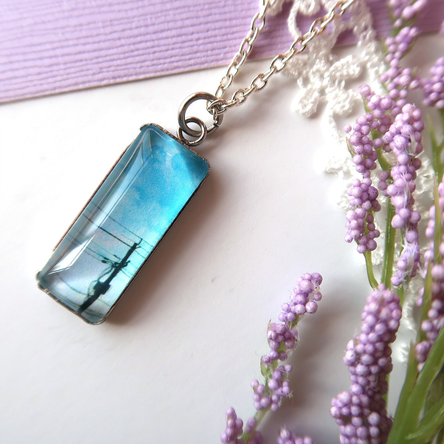Blue Skies and Powerlines Miniature Watercolor Necklace