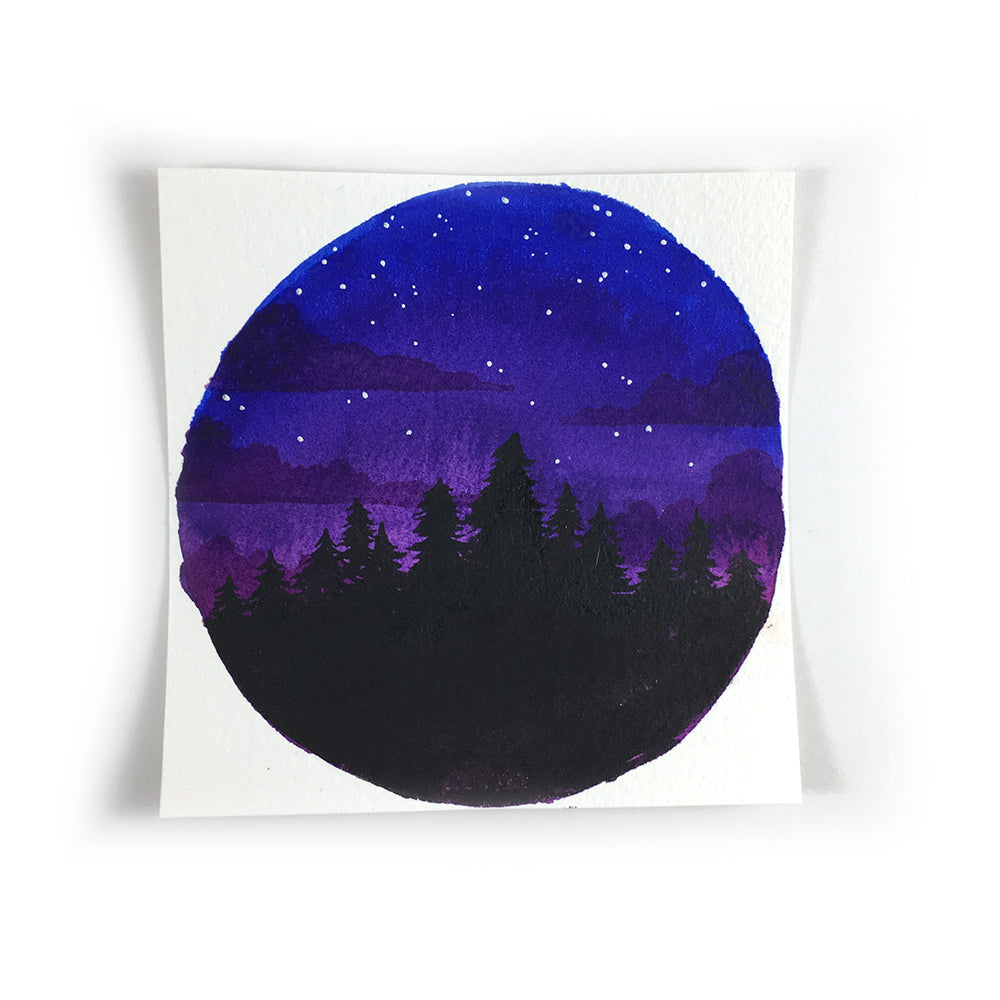 Blue to Purple Night Sky - Original Watercolor Painting Inktober Day 6
