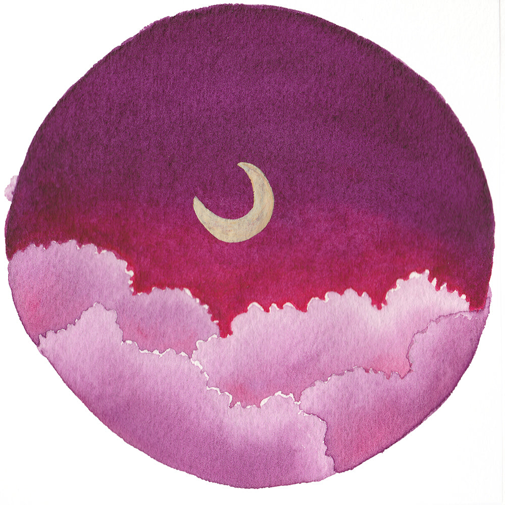 Magenta Clouds and Moon - Original Watercolor Painting Inktober Day 12