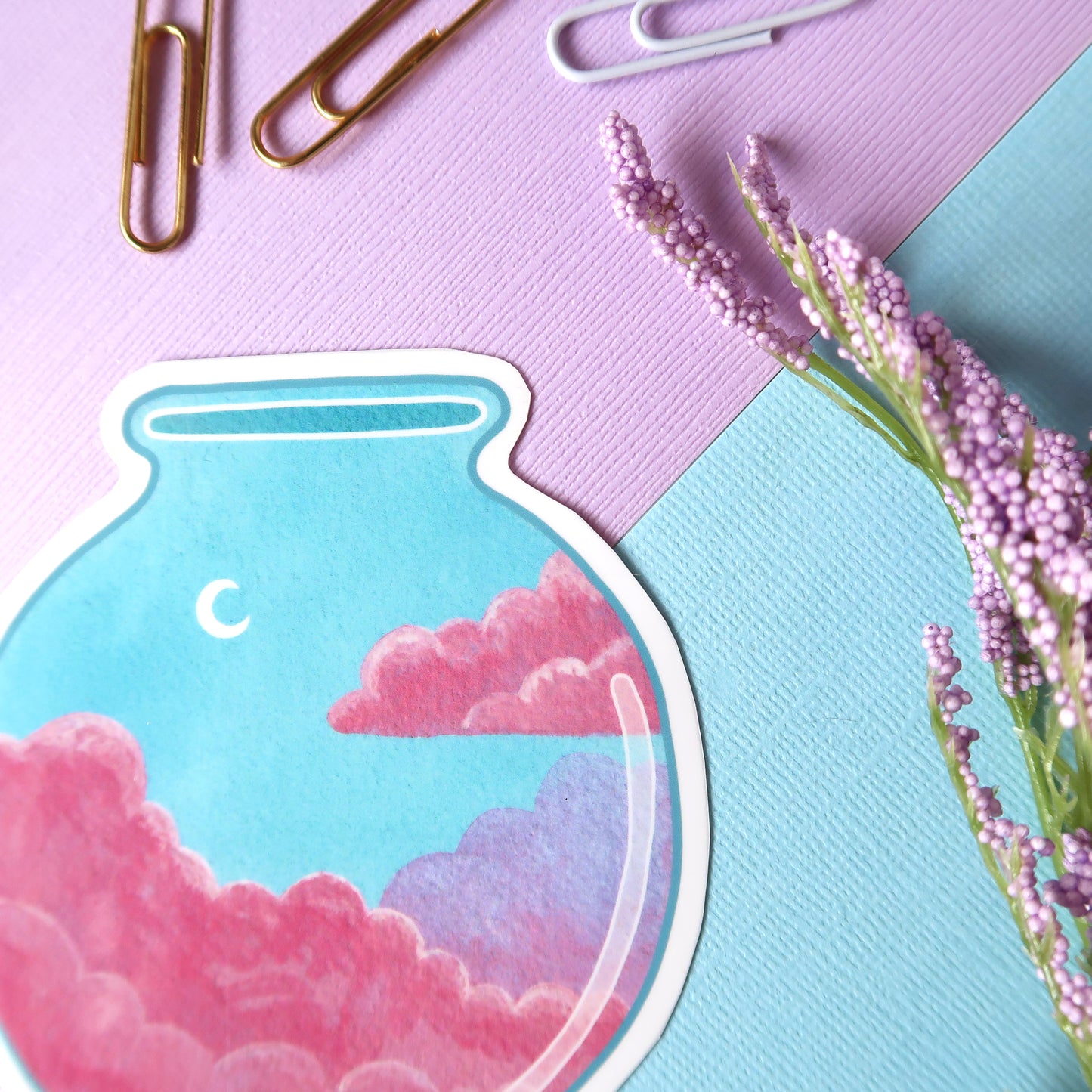 Cotton Candy Clouds and Moon Sky Jar Glossy Vinyl Die Cut Sticker