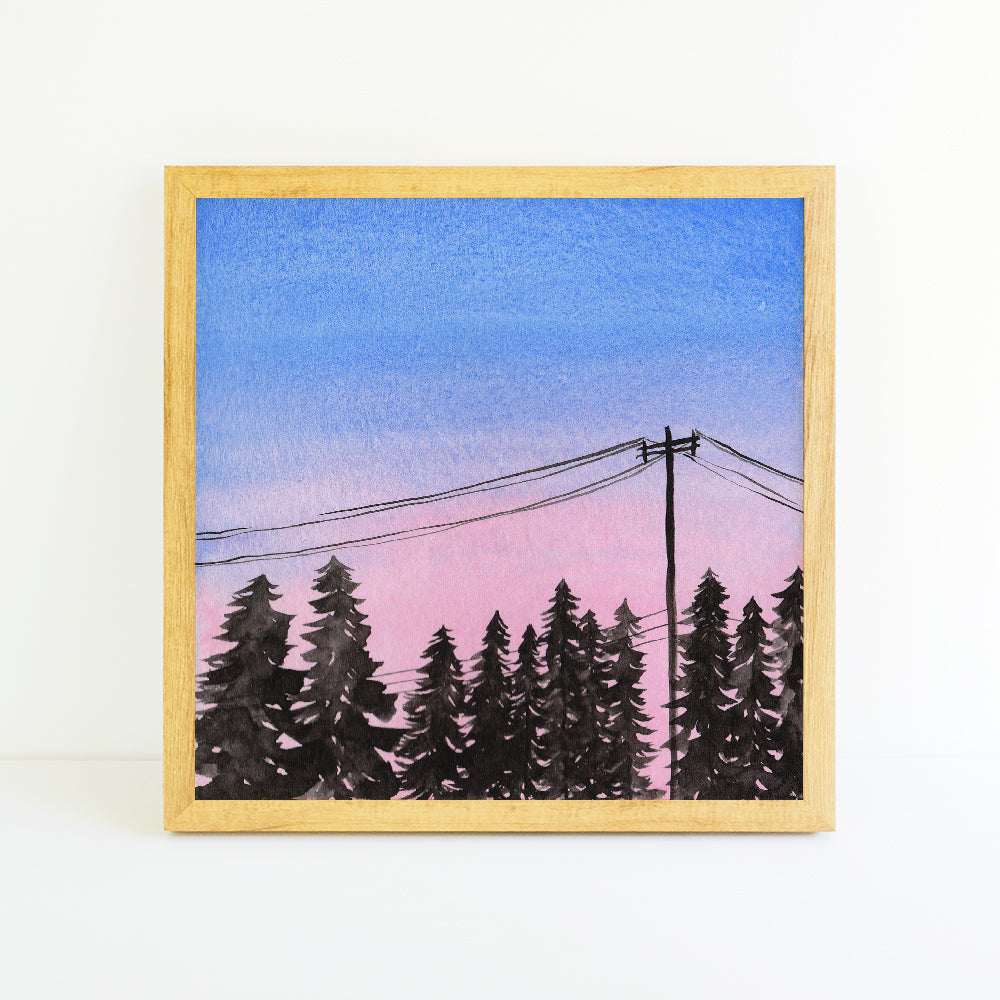 Cotton Candy Sunset with Pine Trees and Powerlines - Watercolor Sky Art Print
