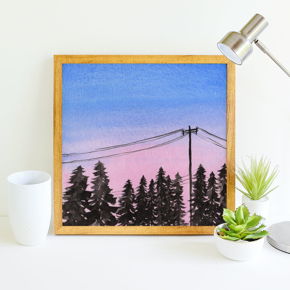 Cotton Candy Sunset with Pine Trees and Powerlines - Watercolor Sky Art Print