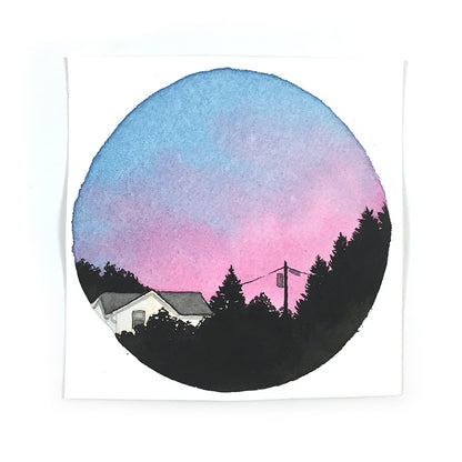 Cotton Candy Sunset with Trees - Original Watercolor Painting Inktober Day 19