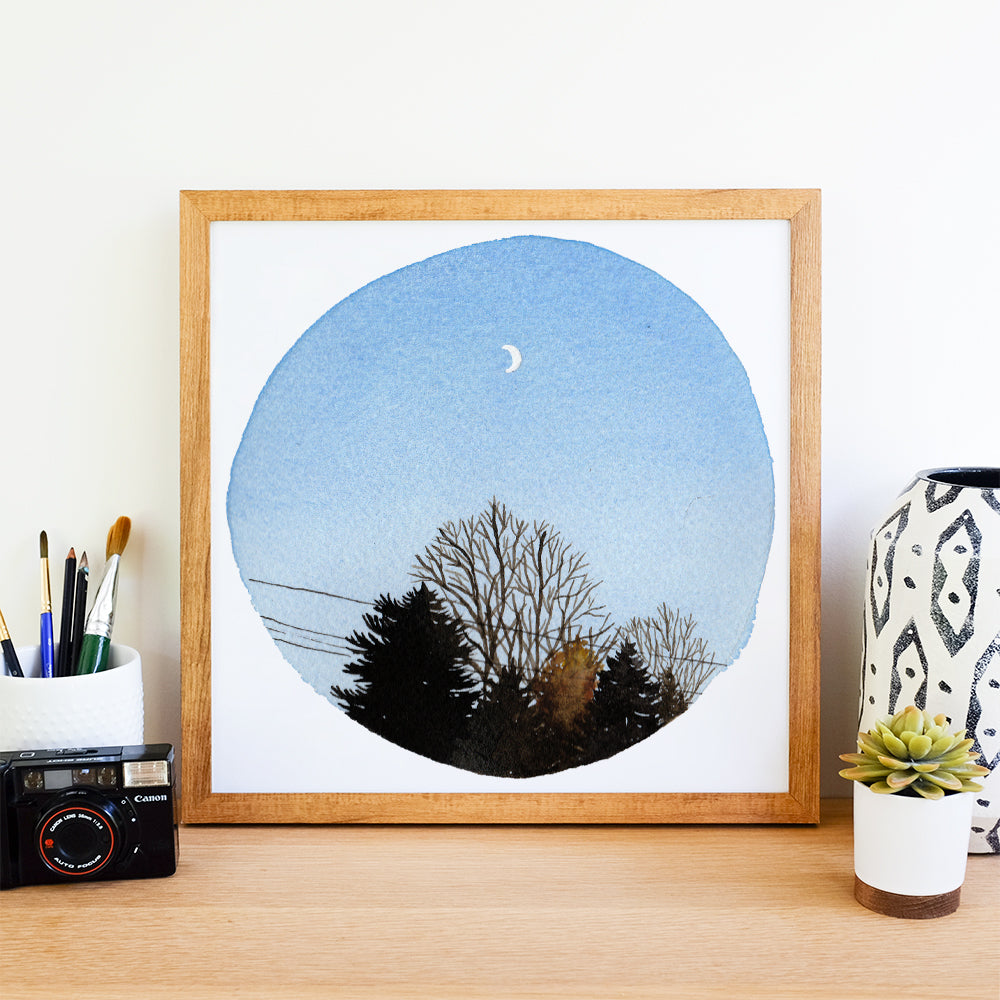 Crescent Moon and Trees - Watercolor Sky Art Print