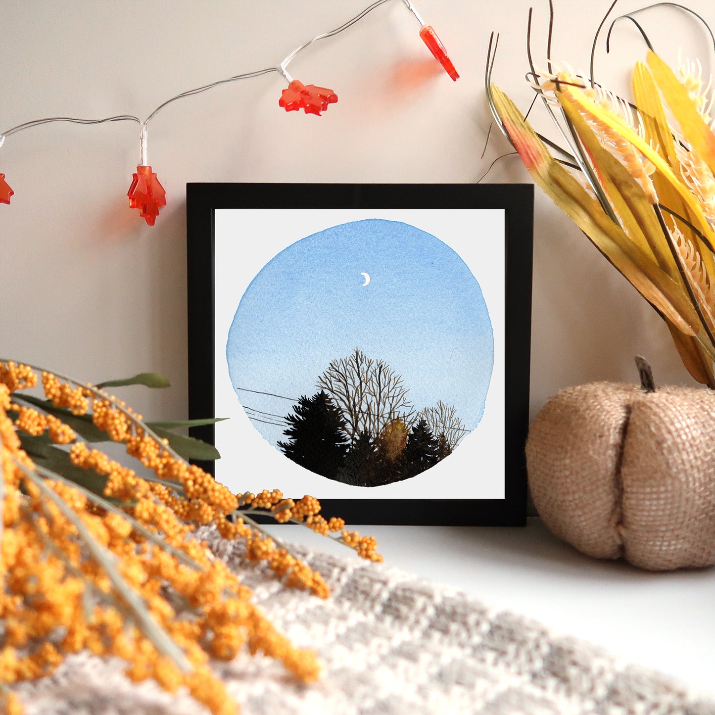 Crescent Moon and Trees - Watercolor Sky Art Print