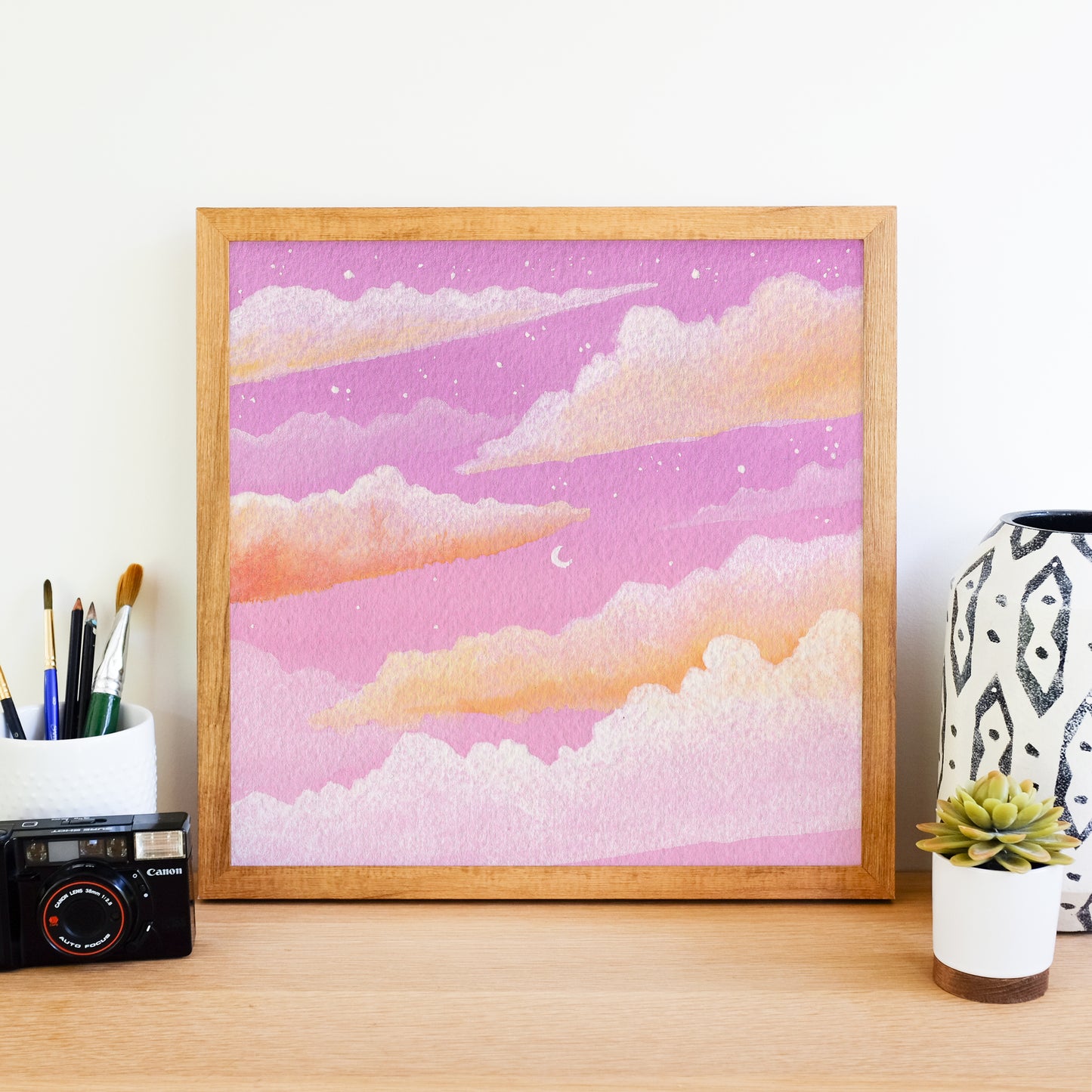 Dreamy Pink Moon Sunset - Watercolor Sky Art Print