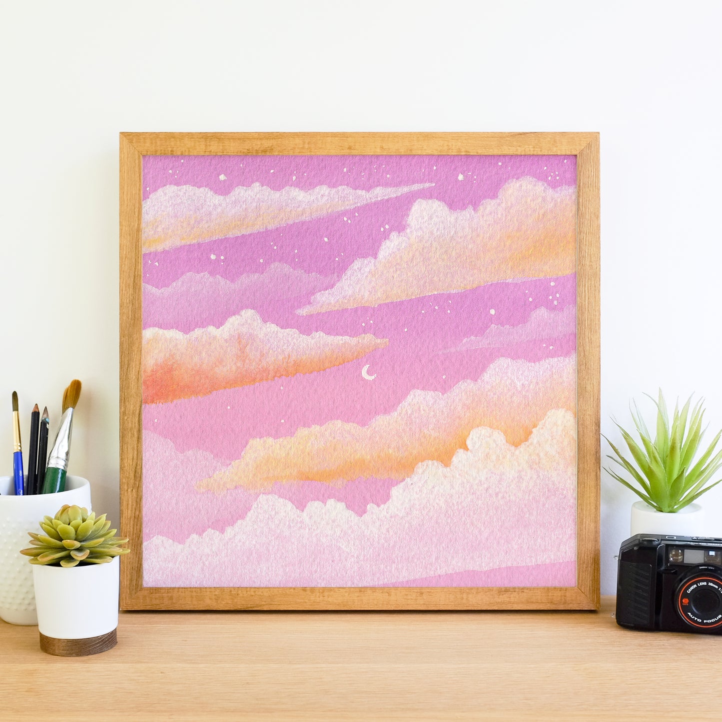 Dreamy Pink Moon Sunset - Watercolor Sky Art Print