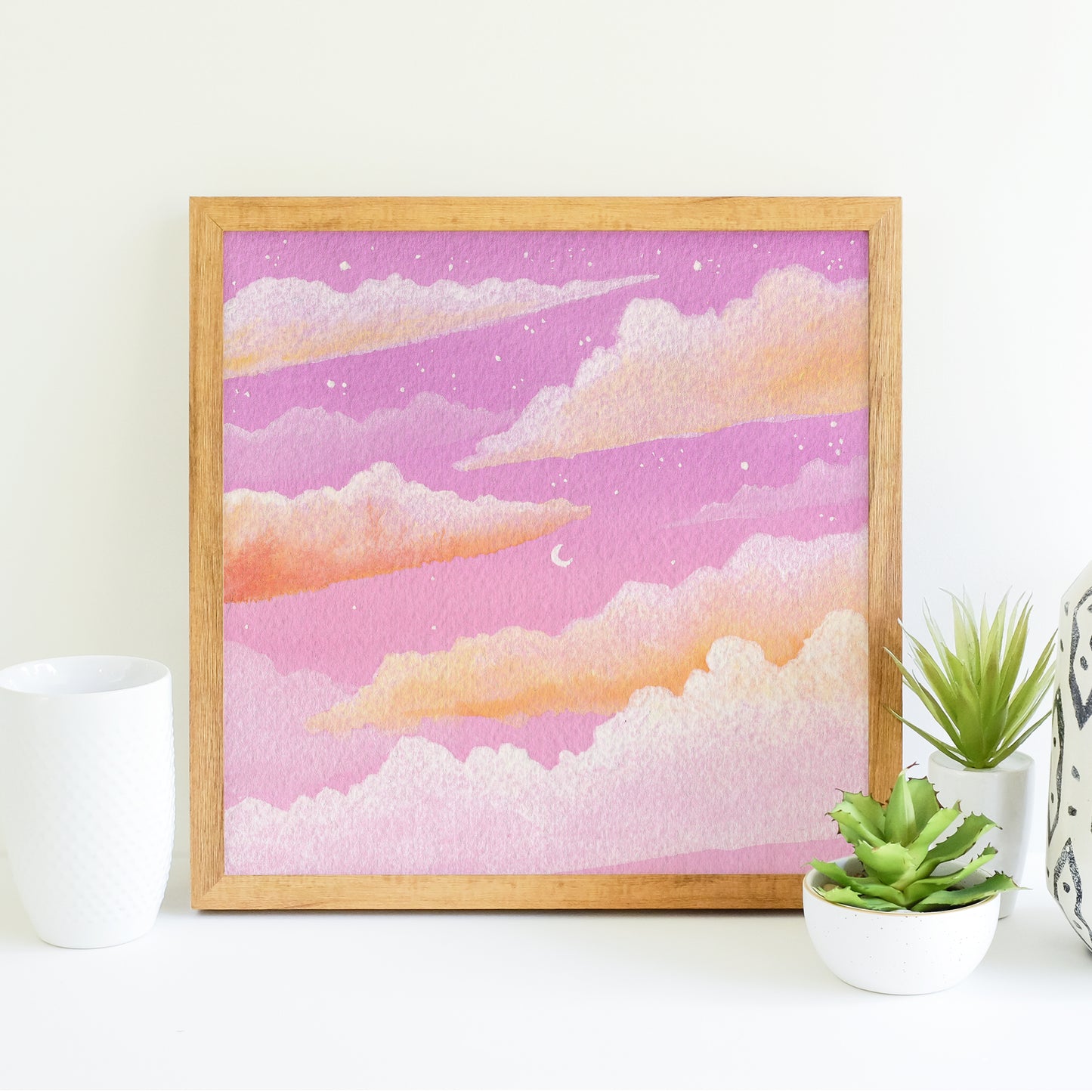 Dreamy Pink Moon Sunset - Watercolor Sky Art Print