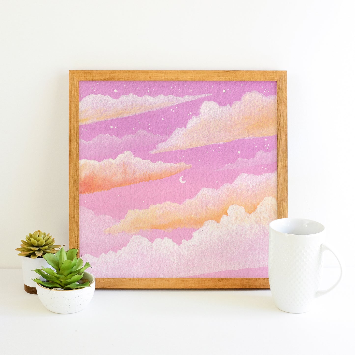 Dreamy Pink Moon Sunset - Watercolor Sky Art Print