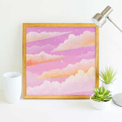 Dreamy Pink Moon Sunset - Watercolor Sky Art Print