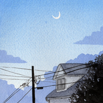 Dusk Sky With Moon - Original Watercolor Painting Miniature