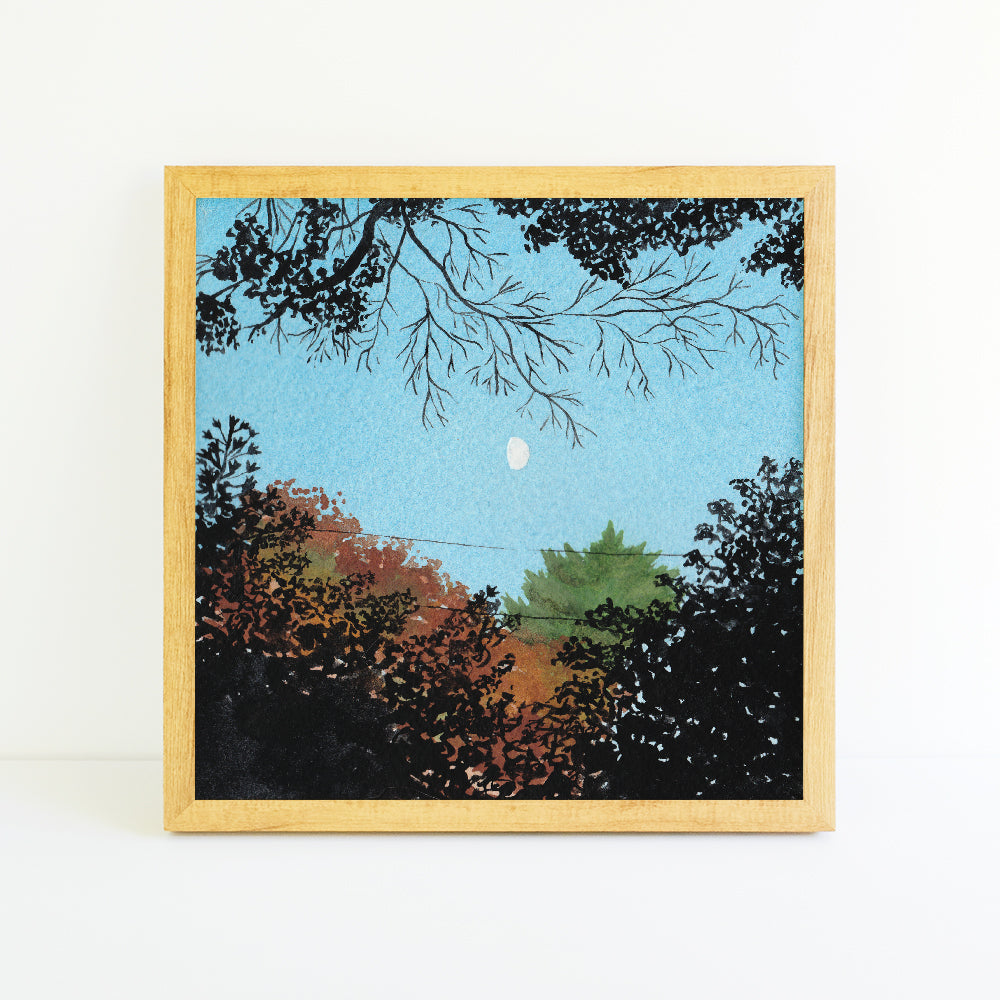 Fall Trees and Moon - Watercolor Sky Art Print