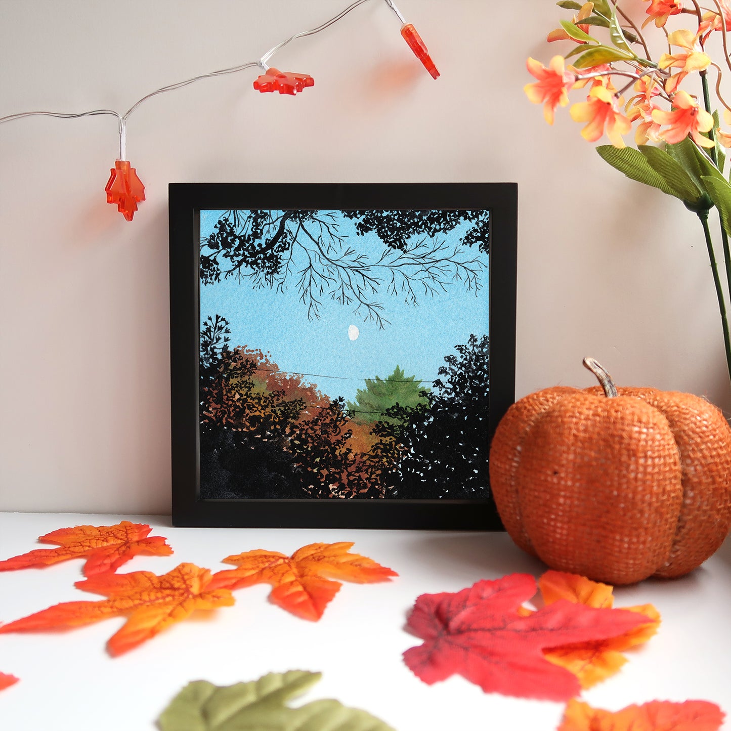 Fall Trees and Moon - Watercolor Sky Art Print