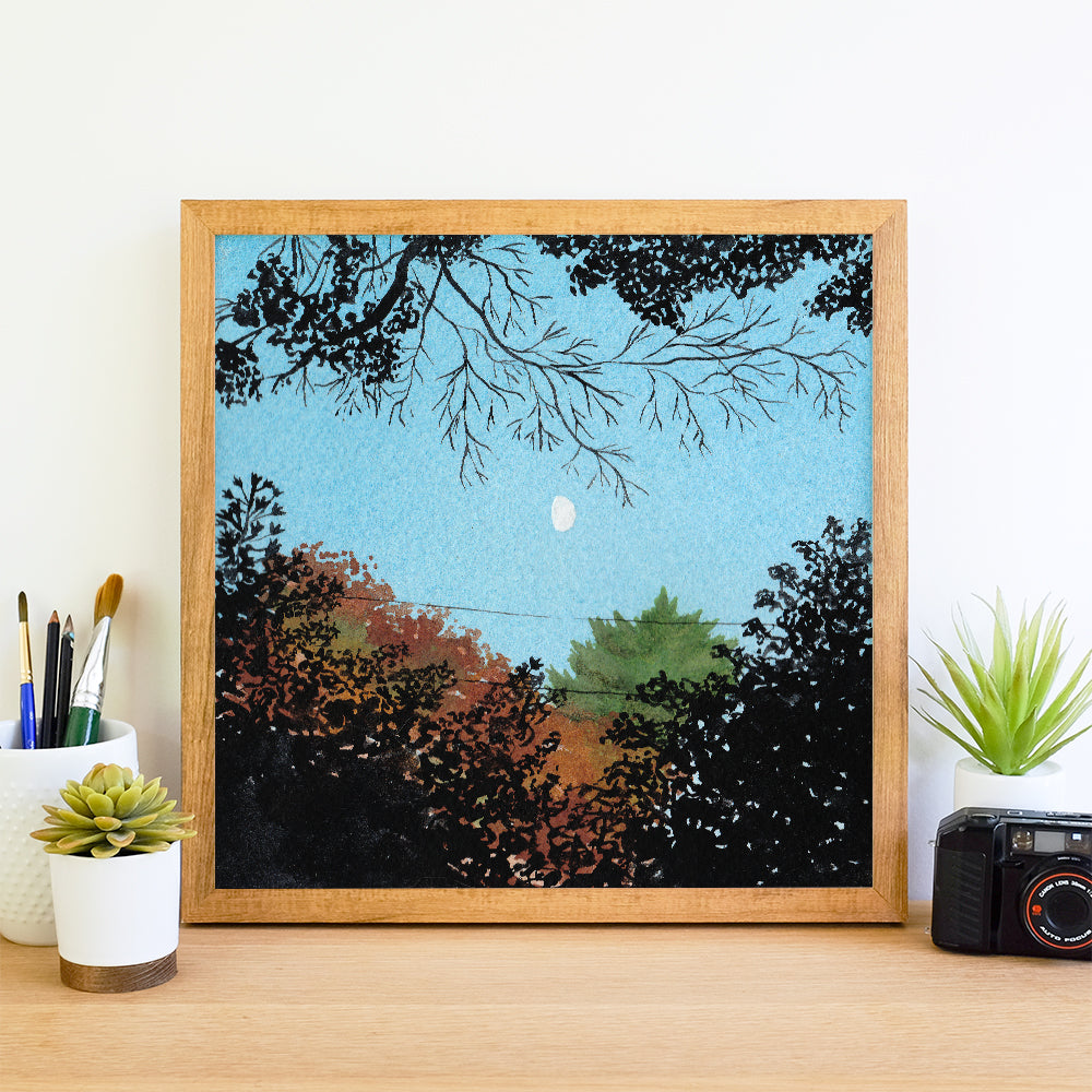 Fall Trees and Moon - Watercolor Sky Art Print